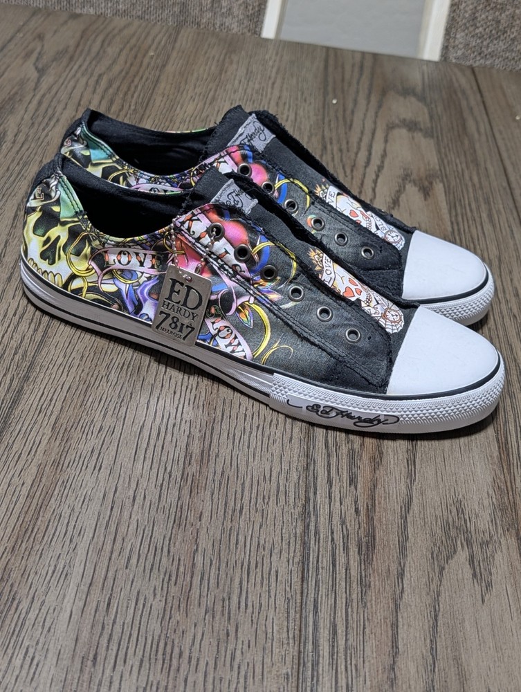 New Ed Hardy Low Melrose  Canvas Sneakers Mens Black Slip On Shoe Size 13