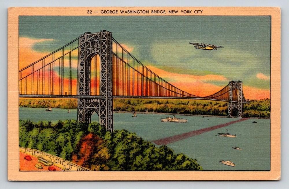 Vintage 1941 George Washington Bridge NYC Linen Postcard Seaplane Hudson River