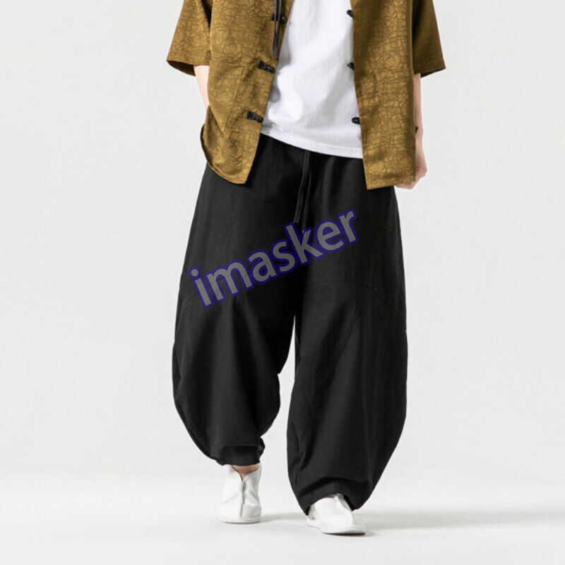 1x Men Casual Elastic Waisted Cotton Linen Pants Loose Chinese Kung Fu Trousers