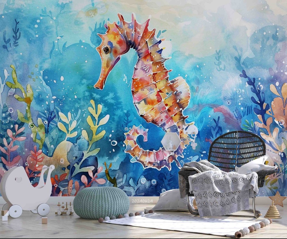 3D Seahorse Coral Watercolor Wall Murals Wallpaper Murals Wall Sticker