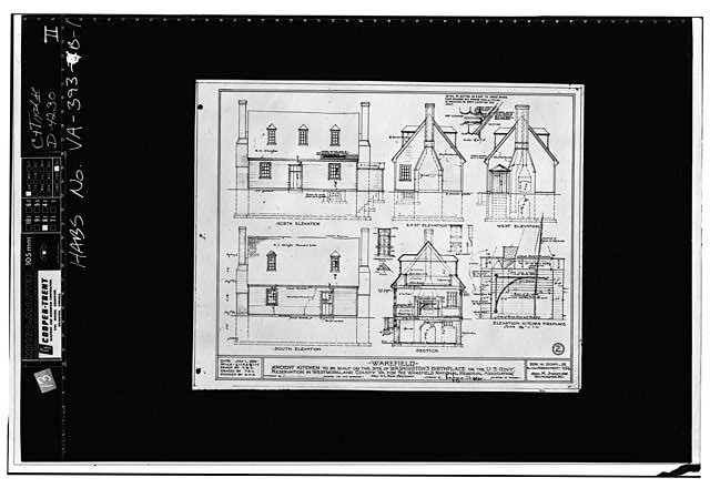 1. North, South, East West Elevations; Section; Elevation Fireplace -
