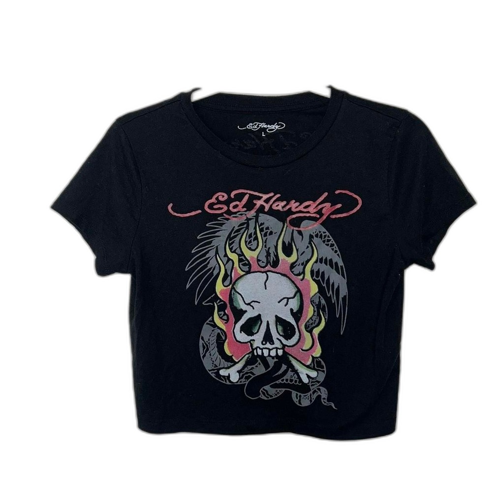Ed Hardy Women's Black Crop Top Size Large y2k baby tee graphic grunge festival