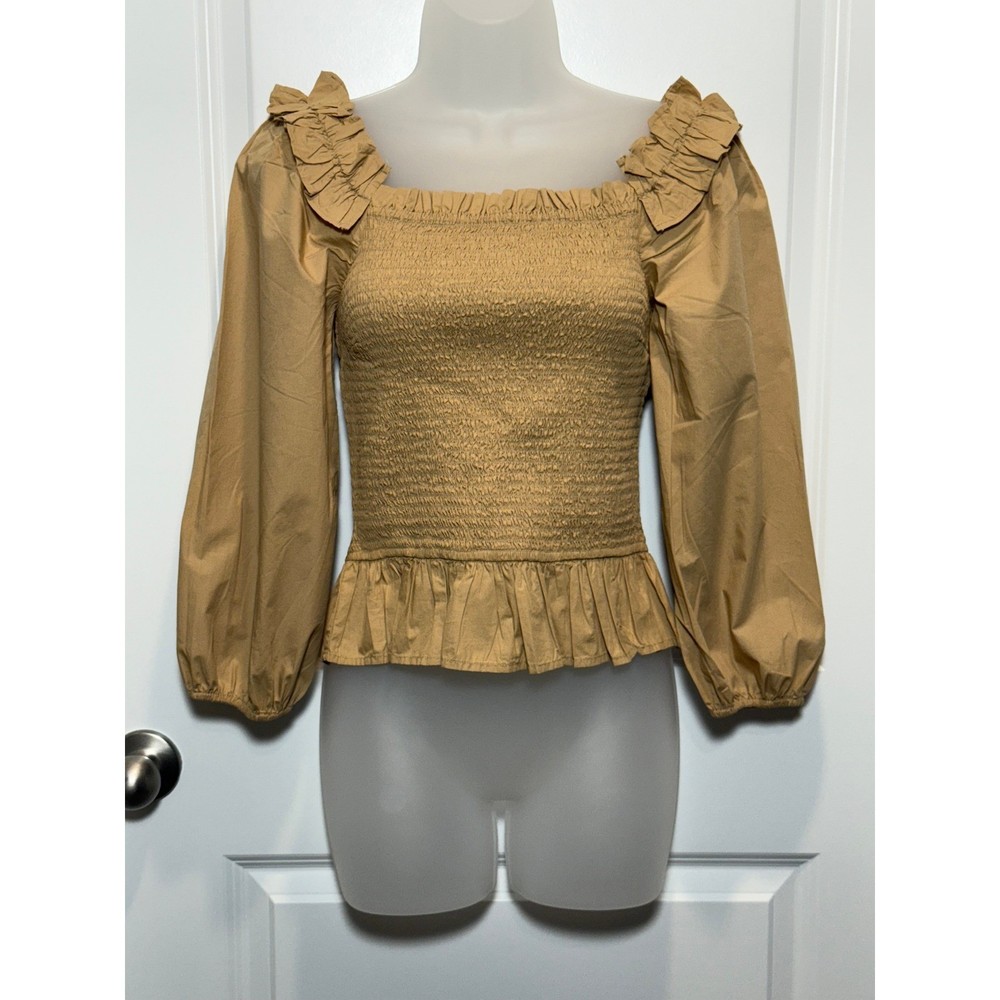 NWT The Drop Square Neck Smocked Puff Sleeve Peplum Top Tan Size S