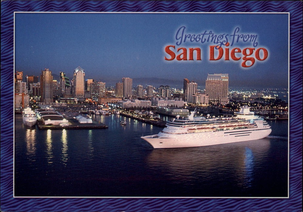 California San Diego Greetings skyline at night cruise ship ~ unused postcard