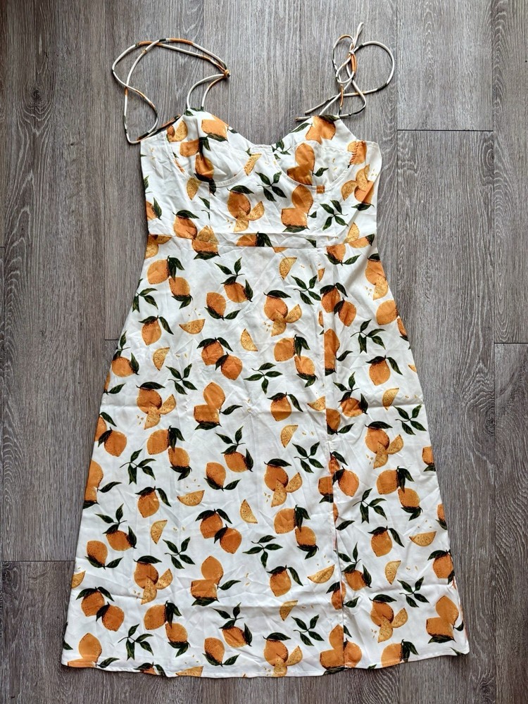 Cider Lemon Print Tie Shoulder Slit Midi Cami Dress XL NWT