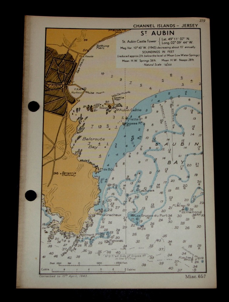 ST. AUBIN, Jersey, Channel Islands - Vintage naval WW2 map 1943 topology