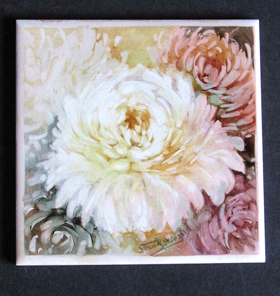 Abstract Chrysanthemum Floral Ceramic Tile Trivet 6 Inch Handmade England Free Shipping-image