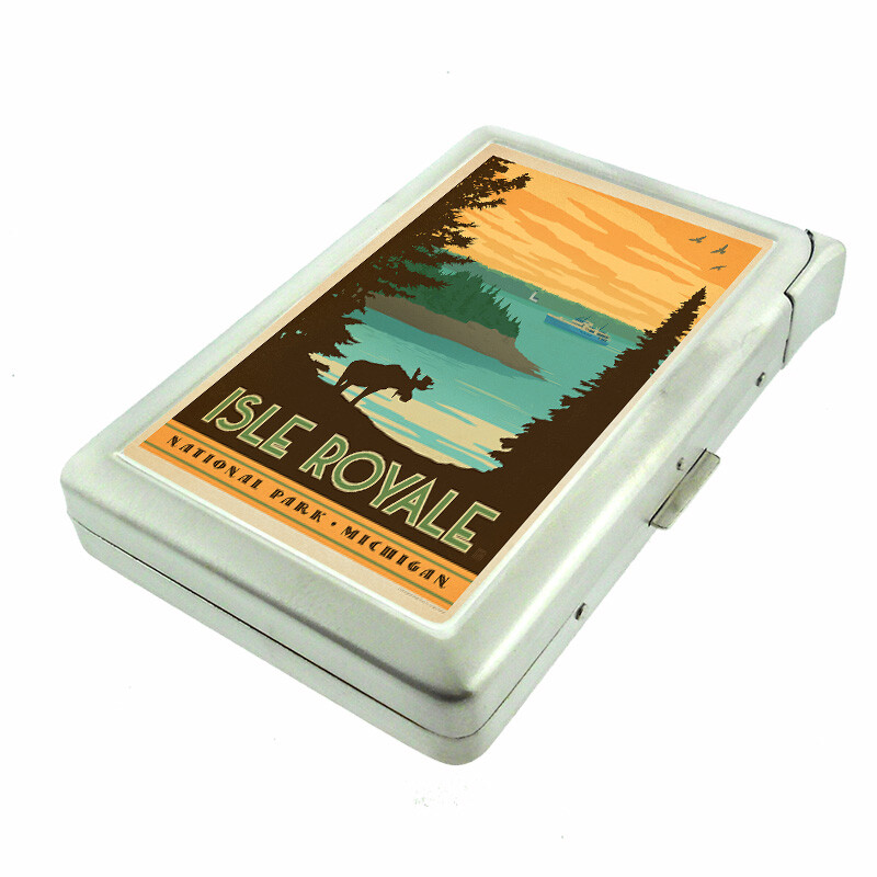 Isle Royale Michagan Em1 100's Size Cigarette Case with Built in Lighter Wallet