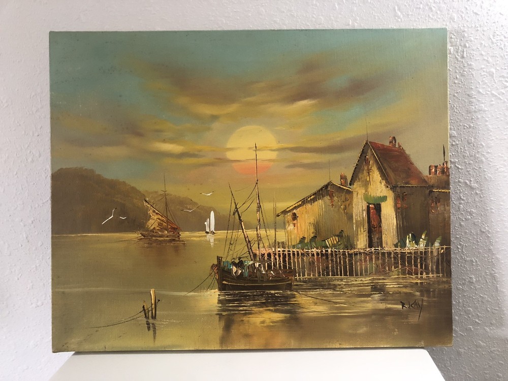 VTG Original Oil Painting On Canvas Boat Ship Dock Scene Signed “Rikay” 16x20”
