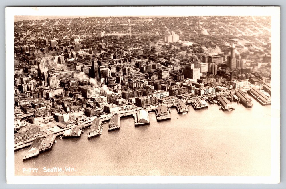 RPPC~Air View Seattle Washington Skyline At Water~Real Photo Postcard