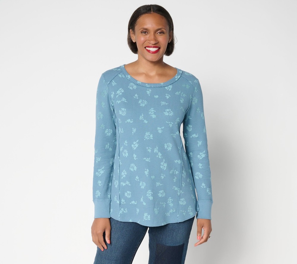 SUNNYLiFE Women's Top Plus Sz 4X Printed Waffle Long Sleeve Blue A702807