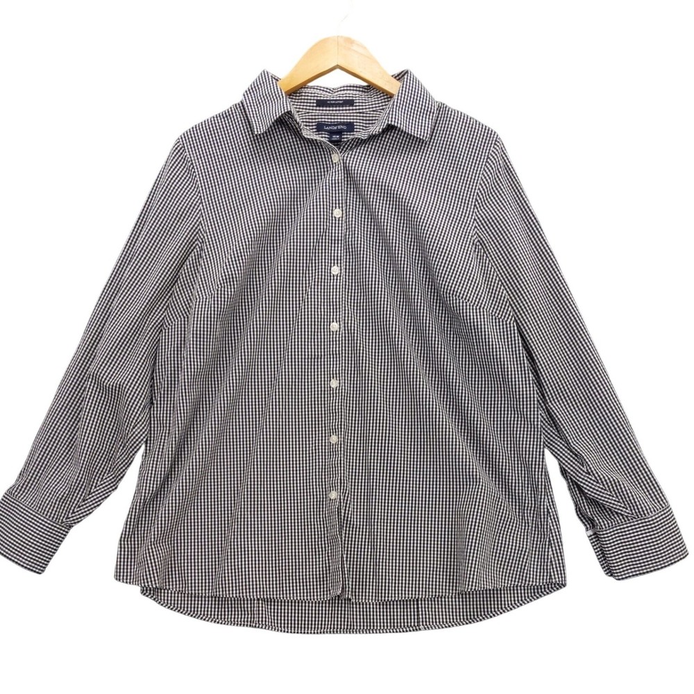 Lands End Button Down Shirt 16W Black White Gingham Check No Iron Supima Cotton