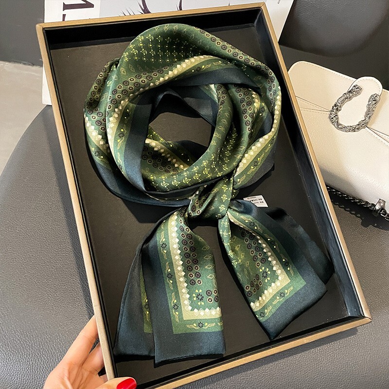 100% Silk Vintage Green Rhomboid Neckerchief for Women & Men 150x15cm