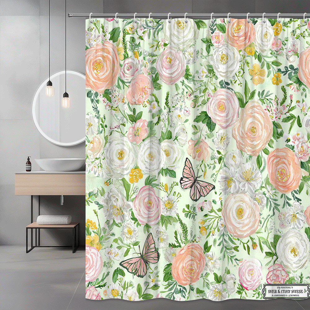 Floral Butterfly Shower Curtain Pink Green White Watercolor Print