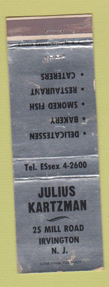 Matchbook Cover - Julius Kartzman Restaurant Irvington NJ WEAR
