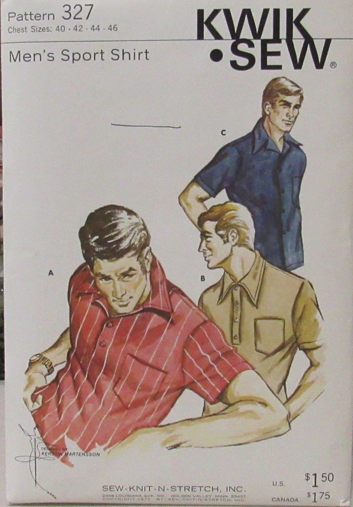 Vintage Kwik Sew 327 Mens 40-42-44-46 SPORT SHIRT 3 Styles Stretch Knit Pattern