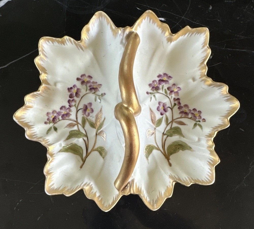 ANTIQUE PORCELAIN Hand-painted DIVIDED NUT CANDY DISH w HANDLE Gold GILT FLOWERS