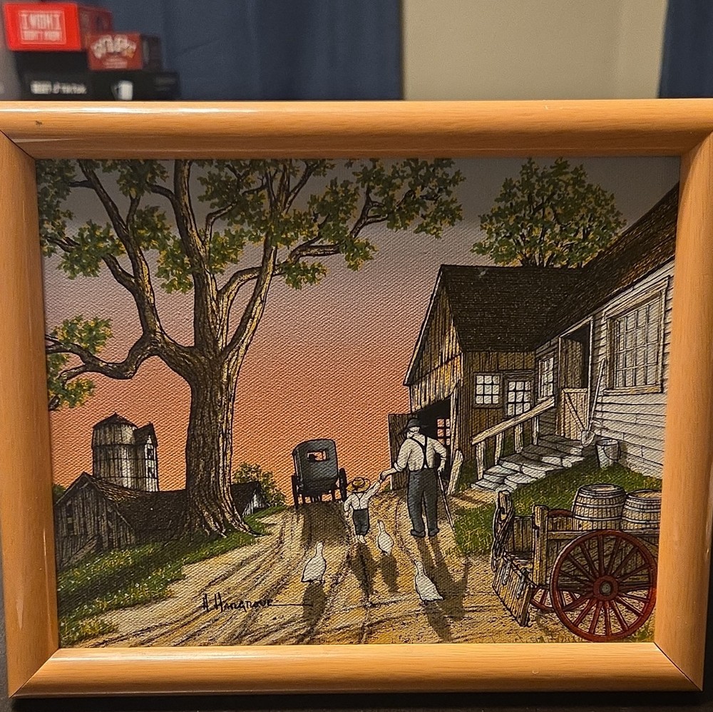 H. Hargrove Americana Realism Framed Family Farm Painting Signed Phoenix 1999