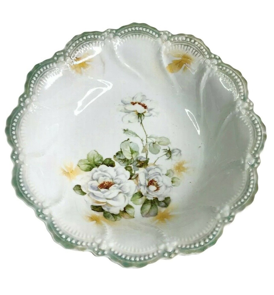 Vintage German Bowl Leuchtenburg Germany White Rose Green Scallop Edge Beaded
