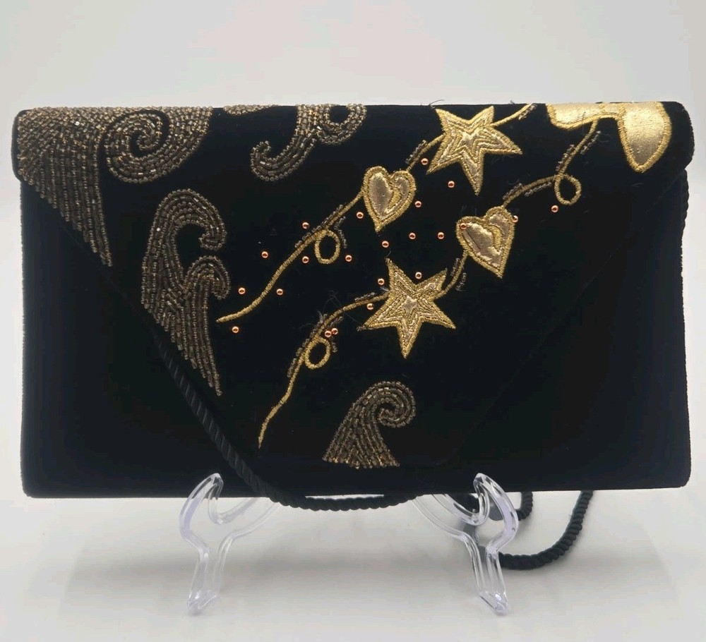 Vintage Black Velvet Beaded Clutch Purse Gold Embroidered Evening Bag Formal...