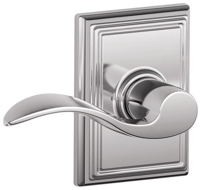 Schlage F10 Chrome Accent Passage Door Lever Set with Modern Design