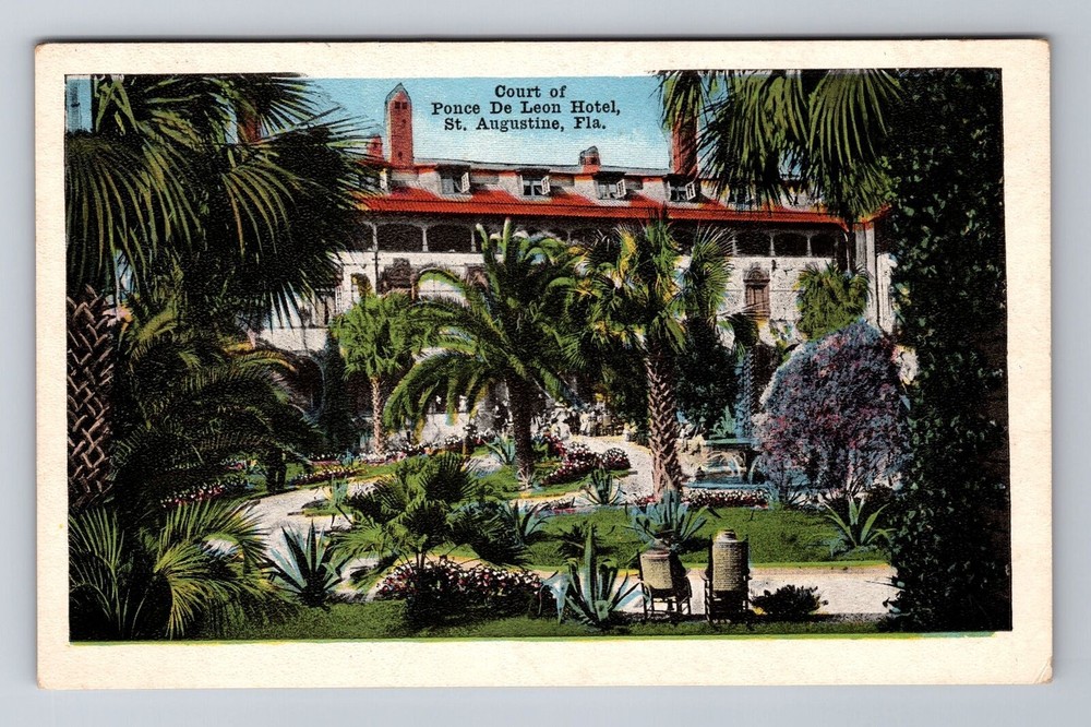 St Augustine FL-Florida, Court, Ponce De Leon Hotel, Advertise Vintage Postcard