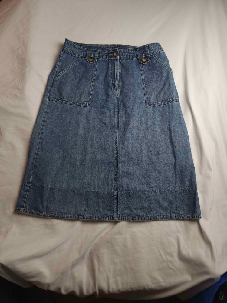 Kim Rogers Skirt Womens Size 12 Blue Denim A-Line Knee Length Pockets Casual