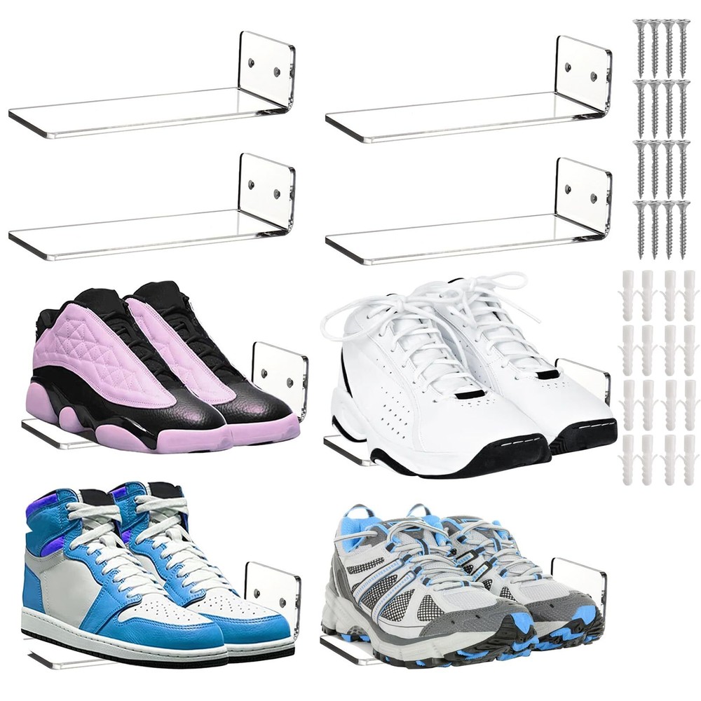 8 Pack Floating Shoe Display Shelf, 8 x 3 Inch Acrylic Shoe Shelf for Wall, F...