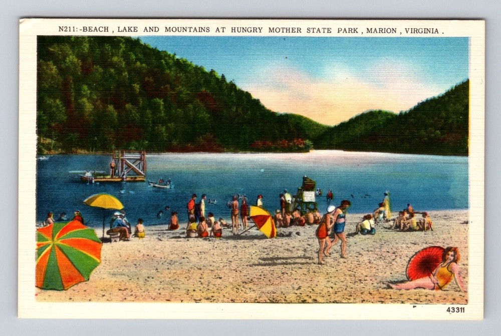 Marion VA-Virginia, Hungry Mother State Park, Beach, Lake Vintage Postcard