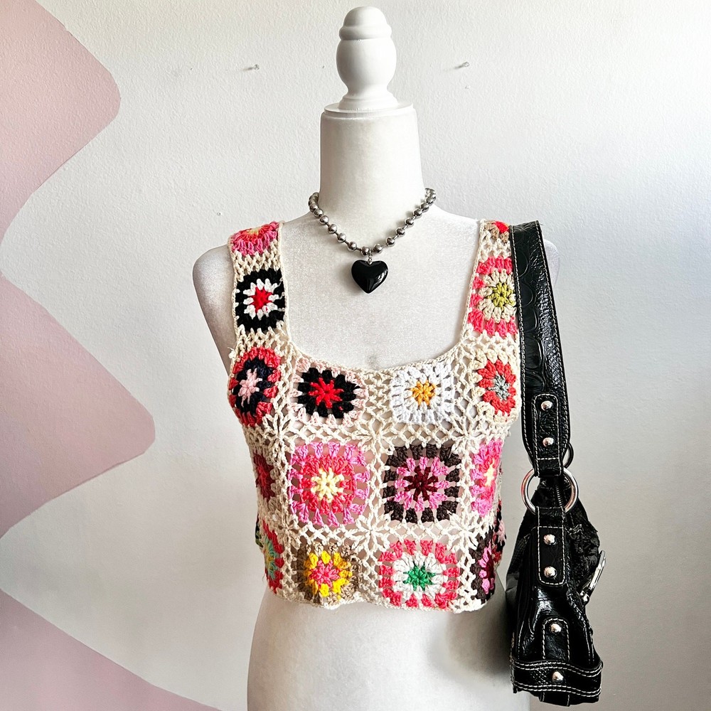 Crochet Tank Top Granny Square Boho 70s Hippie Y2K Festival Small