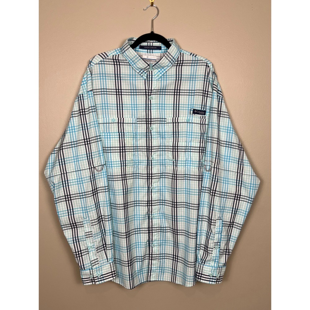 Columbia PFG Super Tamiami Mens XL Blue Plaid Fishing Shirt Omni-Shade FM7187