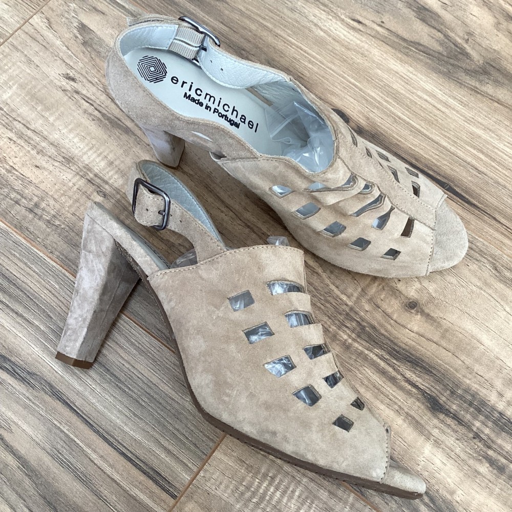 Eric Michael Peep Toe Sling Back Tan Suede Heels Size 10