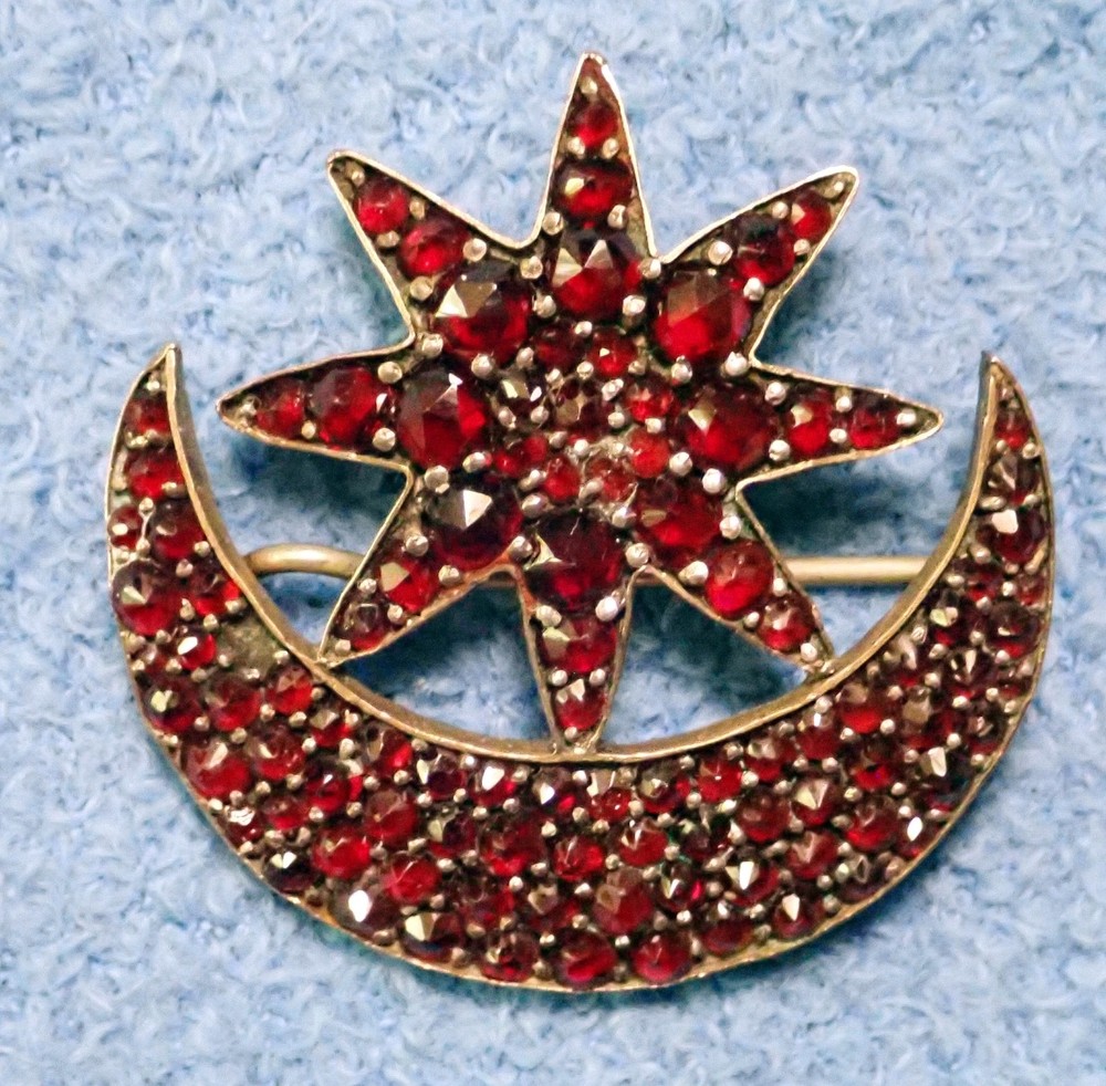 Antique Bohemian Rose Cut Garnet Moon & Star Sterling Silver Brooch Pin