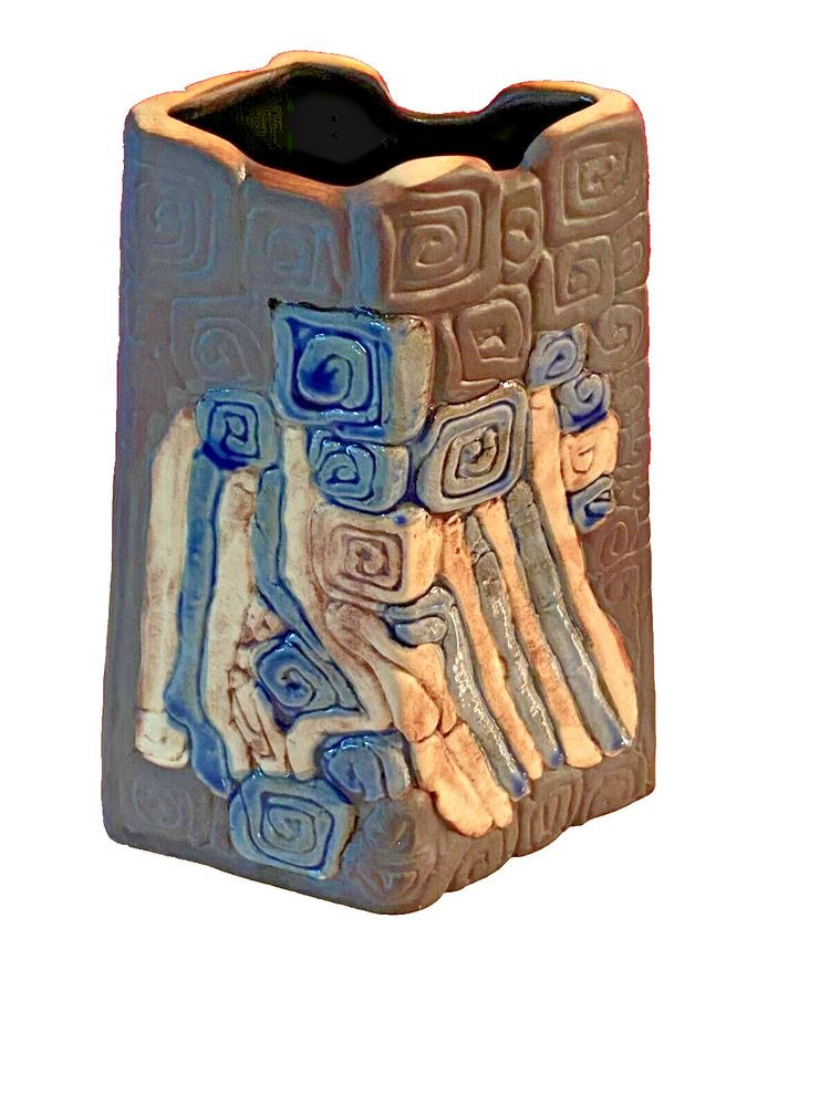 Vintage Tenmoku Pottery Malaysia Handcraft Brown w Blue Inlay Initialed Numbered