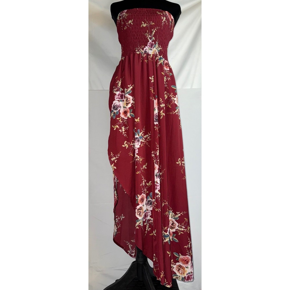 Burgundy Floral Smocked Strapless High Low Maxi Dress Wine Boho Tulip Hem