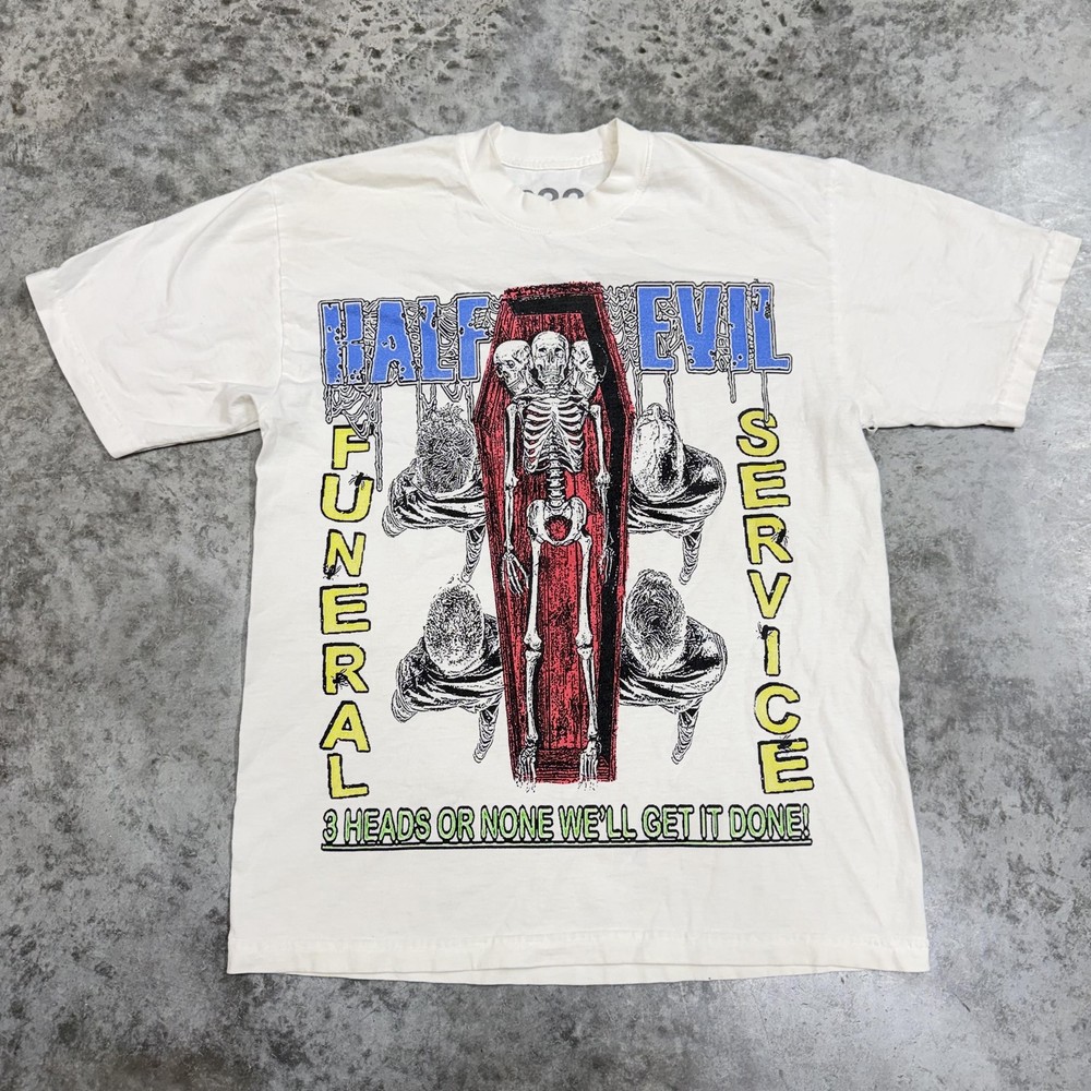 Half-Evil Shirt Mens Medium White Funeral Service Skeleton Graphic Tee Horror