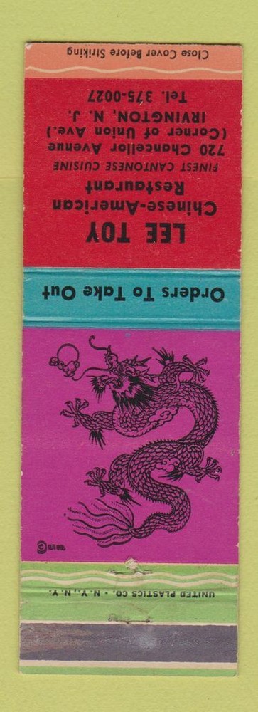 Matchbook Cover - Lee Toy Chinese Restaurant Irvington NJ