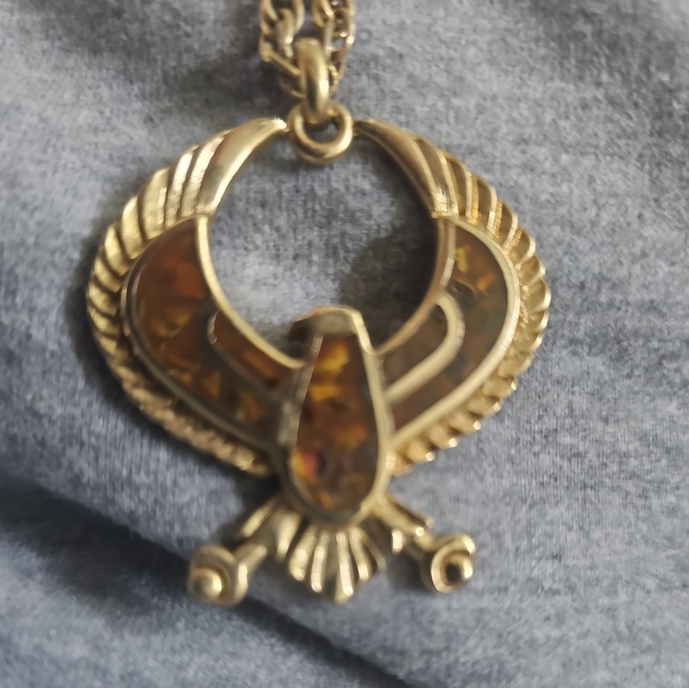 Vintage Egyptian Flying Horus Falcon Phoenix Pendant Gold Tone Rope Necklace