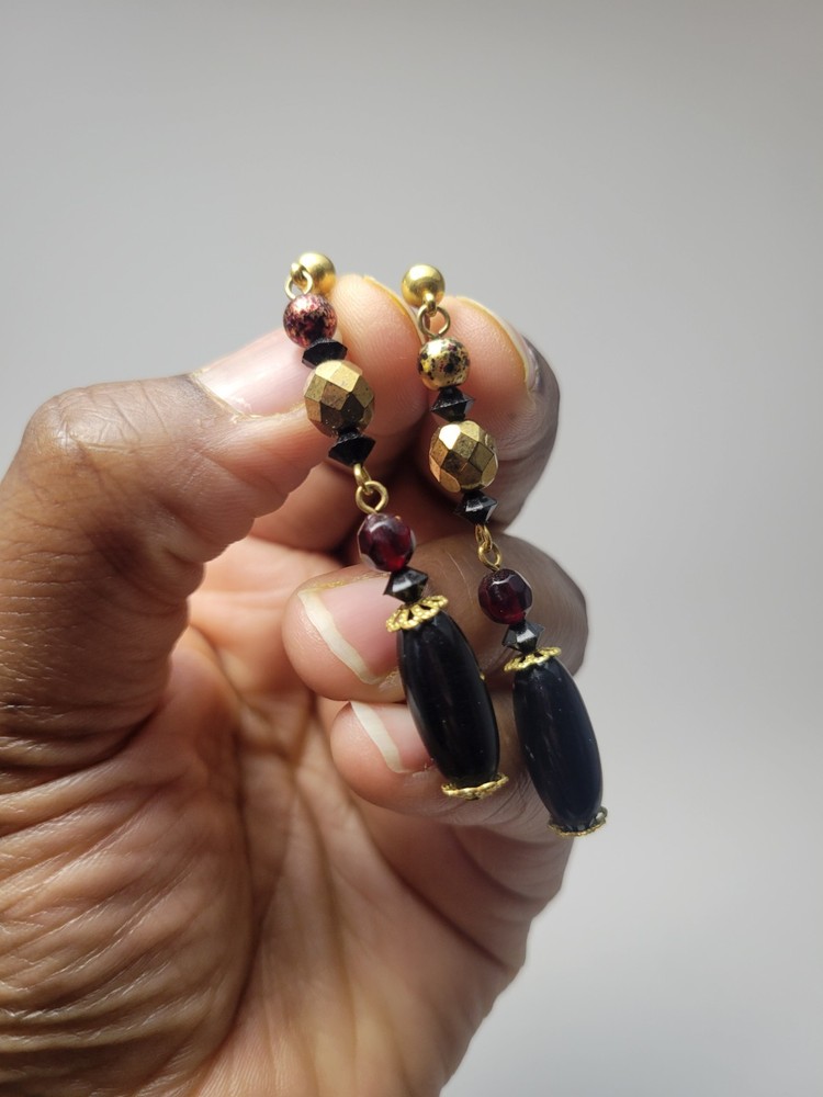 Vintage Multi Bead Linear Dangle Earrings Black Garnet Gold Filigree Cap Post...