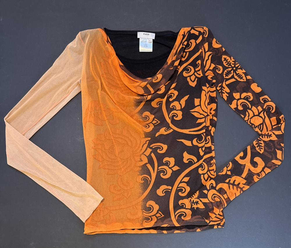 Fuzzi Italy Women’s L Multicolor Abstract Art Mesh Sheer Long Sleeve Top