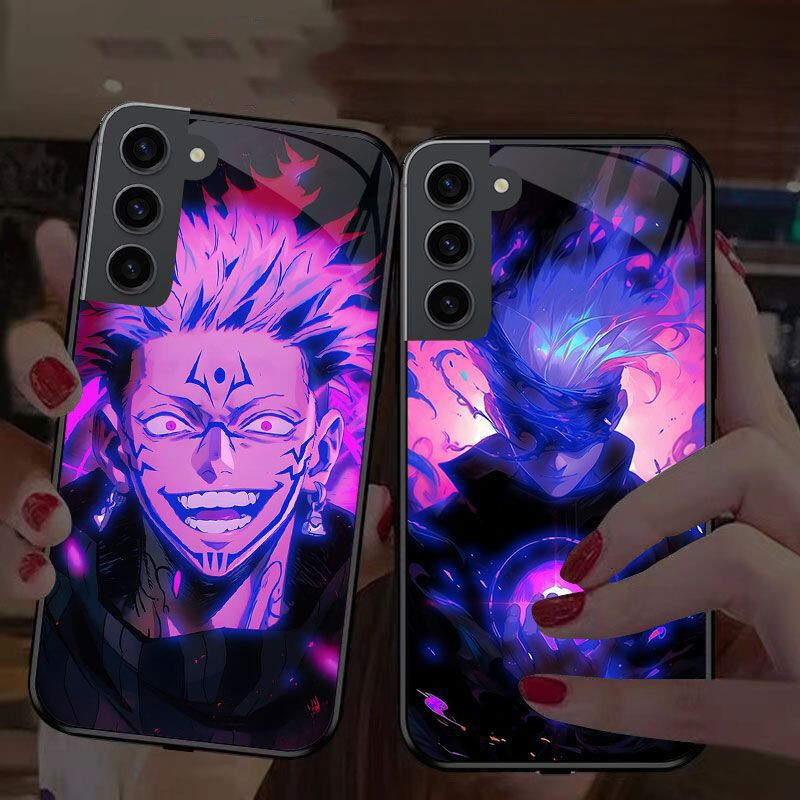 Anime LED Glow Glass Phone Case for Samsung S24 Ultra S23 Plus S22 S21 with Cool Light Effects