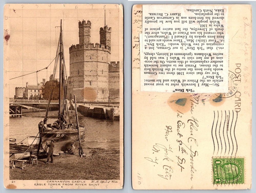 Carnarvon Castle Eagle Tower RPPC 1914 Postcard Wales UK Ich Dien Motto