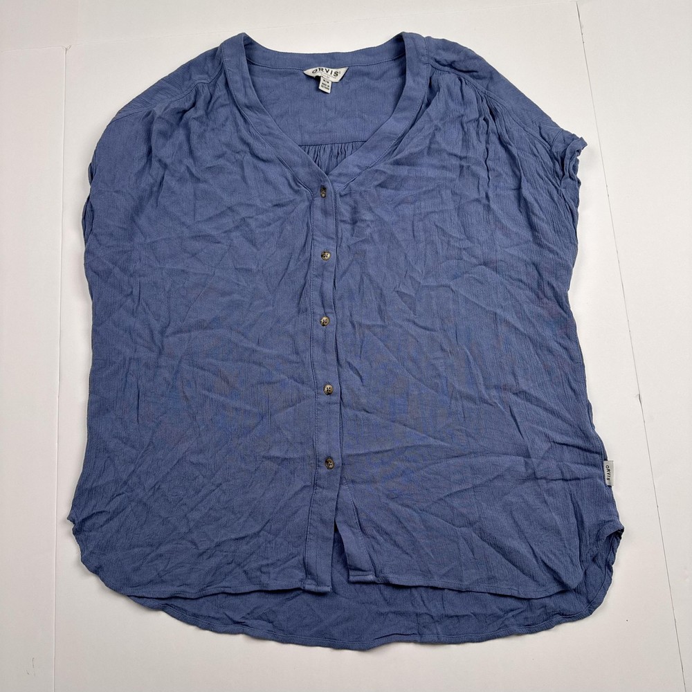Orvis Shirt Womens Medium Blue Button Front Short Sleeve Rayon Blouse Top