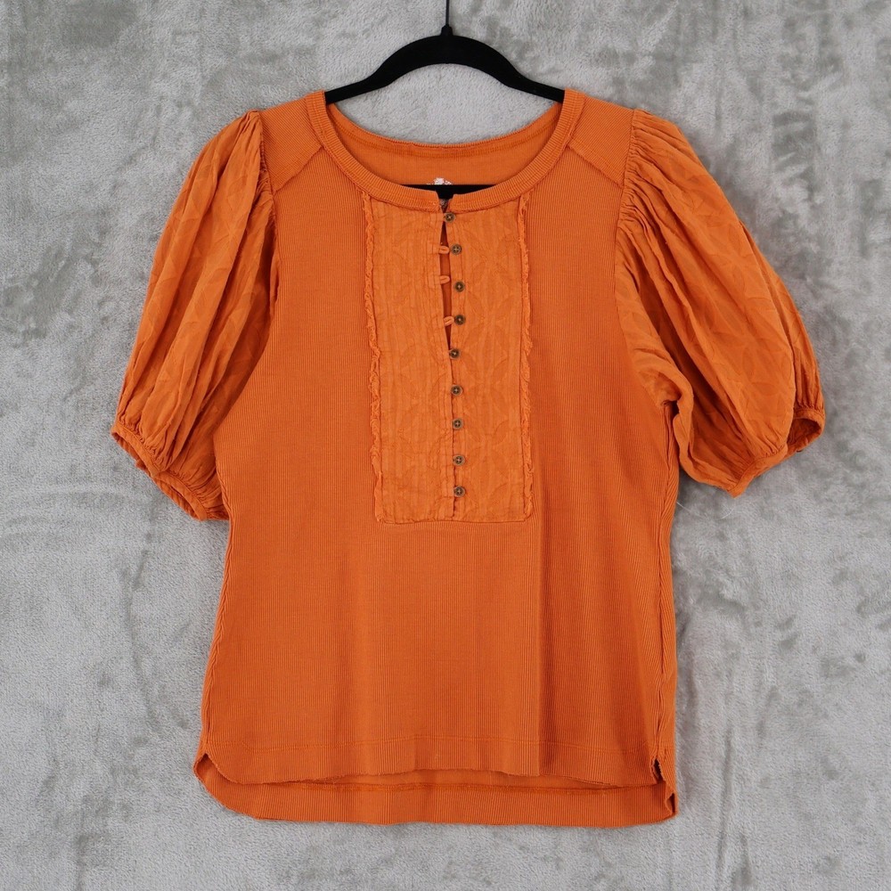Pilcro Anthropologie Ribbed Puff Sleeve Henley Top Women L Orange Peasant NWT