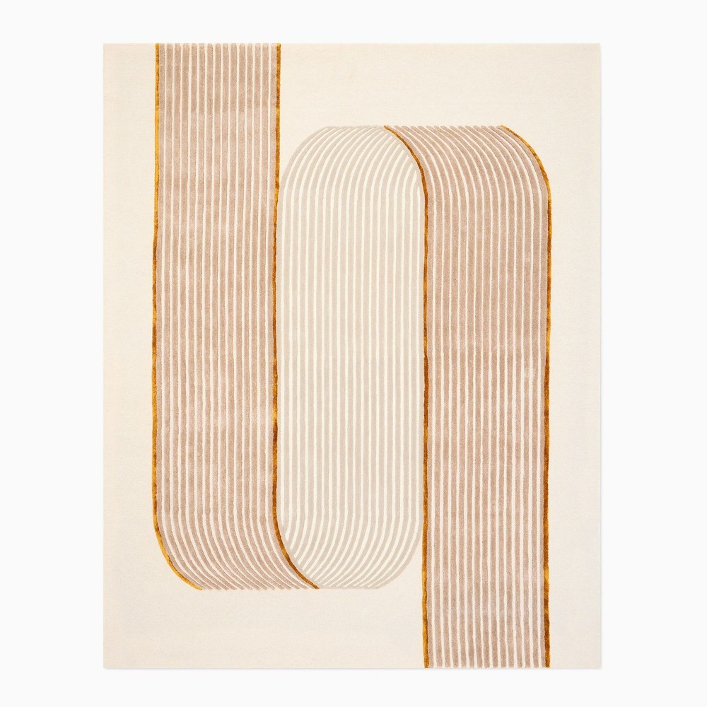 Modern Geometric Wool Rug 8x10 Cream Gold Hand Tufted Abstract Ribbed Area Rug