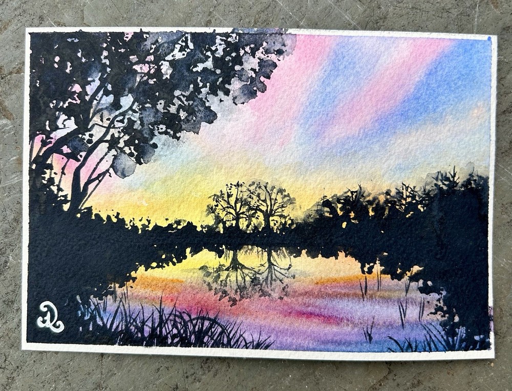 Original Watercolor Painting 4x6 Landscape At Sunset On The Lake Signed Art OOAK