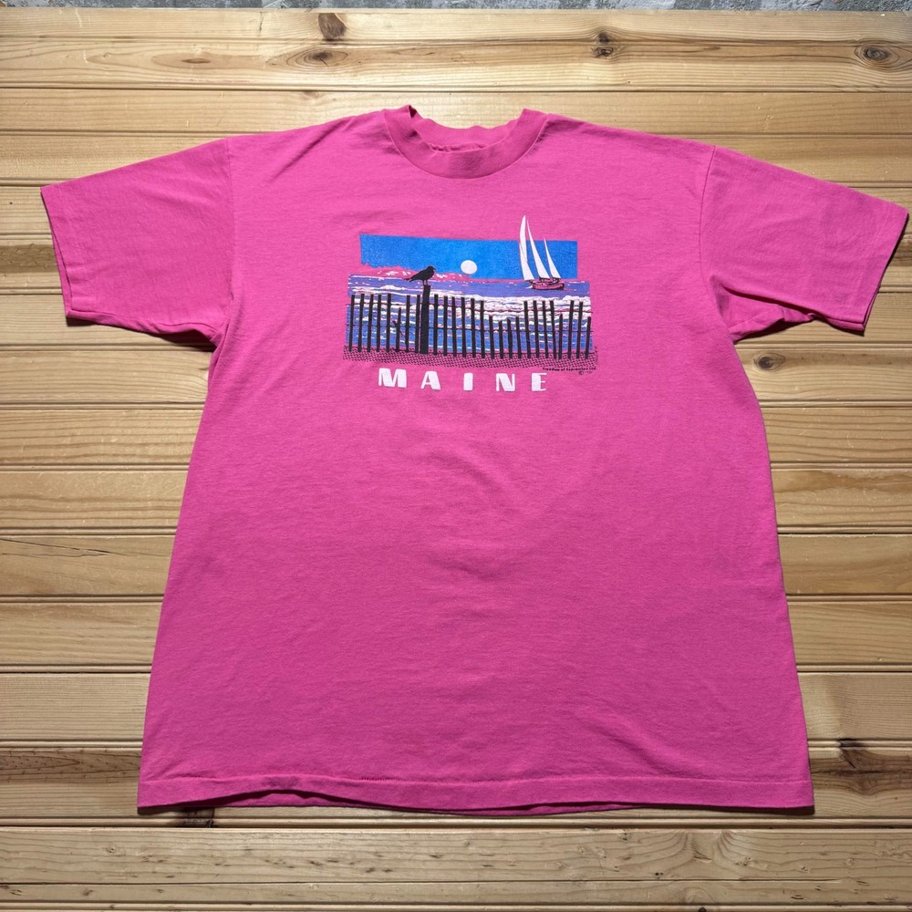 Vintage 1986 Hanes Maine Sailboat Seagull Ocean Graphic Souvenir T-Shirt - XL