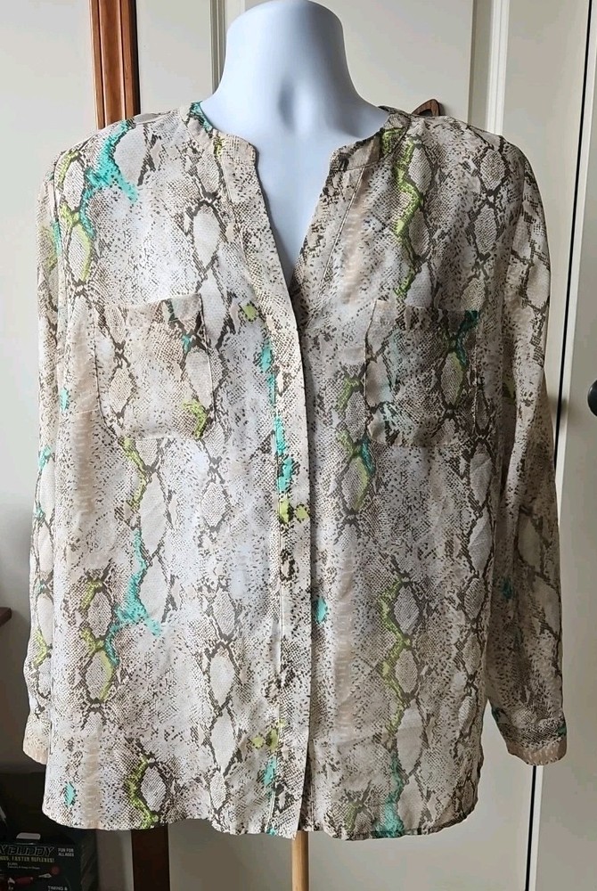 Covington Essentials Sheer Snake Skin Print Blouse Top-Roll Tab Sleeve Womens 2X