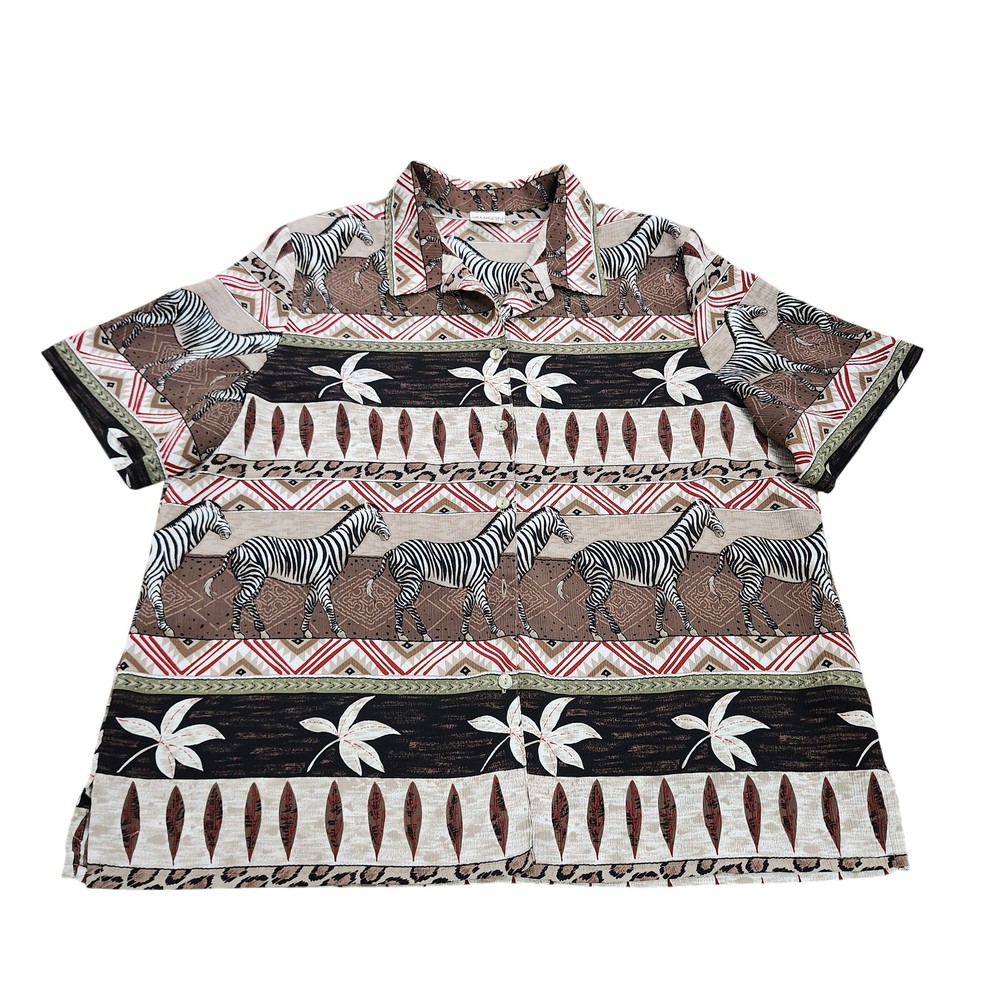Allison Daley Shirt Womens Plus 3X Brown Zebra Safari Animal Print Button Up Top