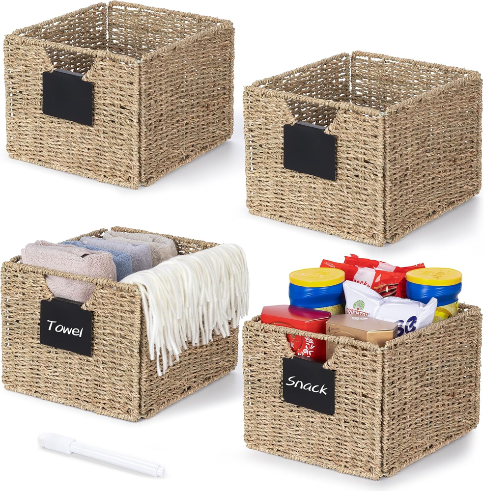 Seagrass Storage Baskets with Labels, 10.5X9X7.5In Wicker Storage Basket, Storag